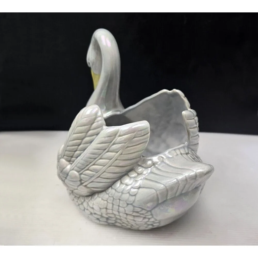 Vintage Holland Mold Swan Planter Pearlized Iridescent Luster Ceramic 11” 1974